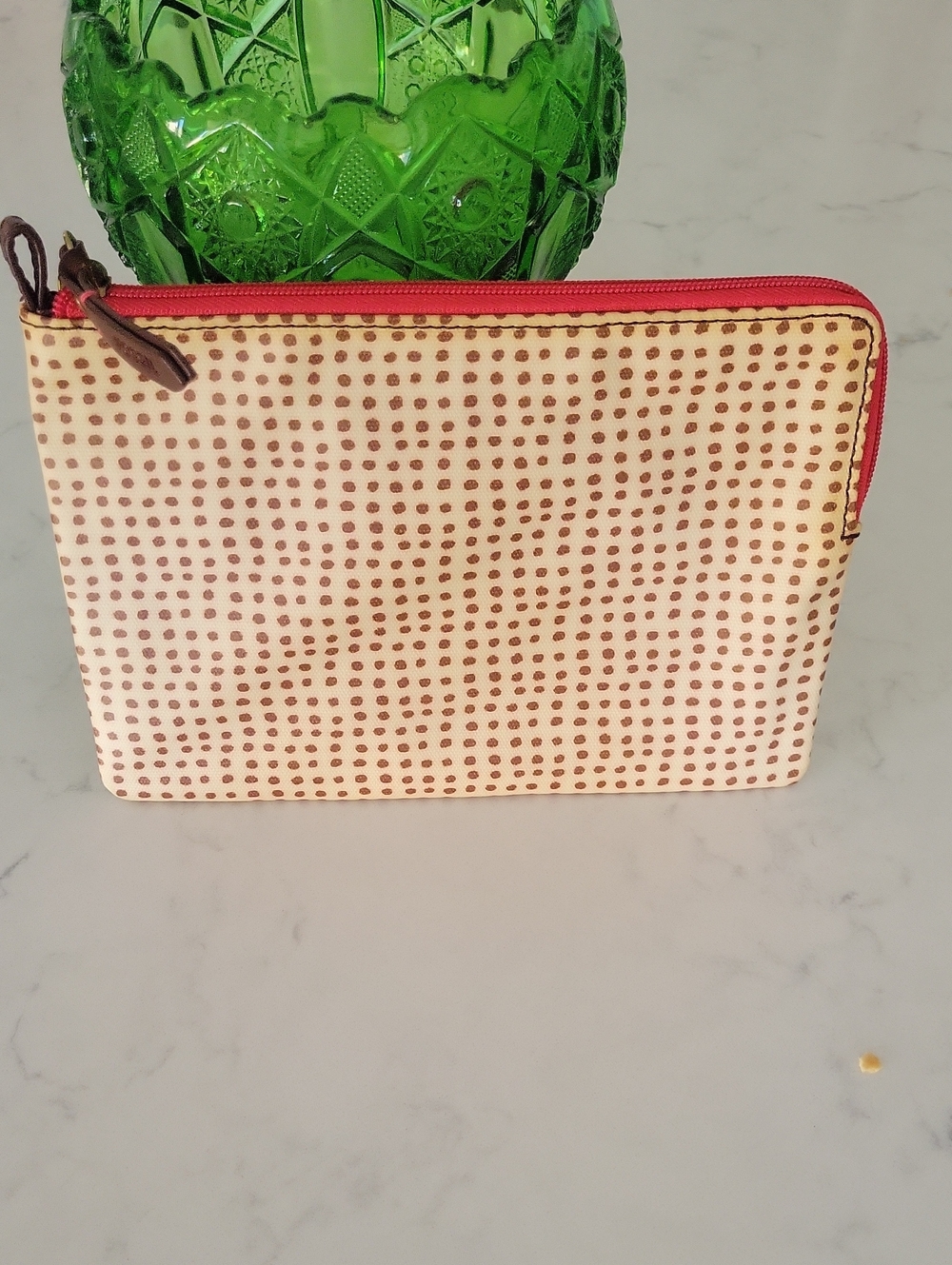 Fossil Brown and Cream Vinyl Polka Dot Pouch